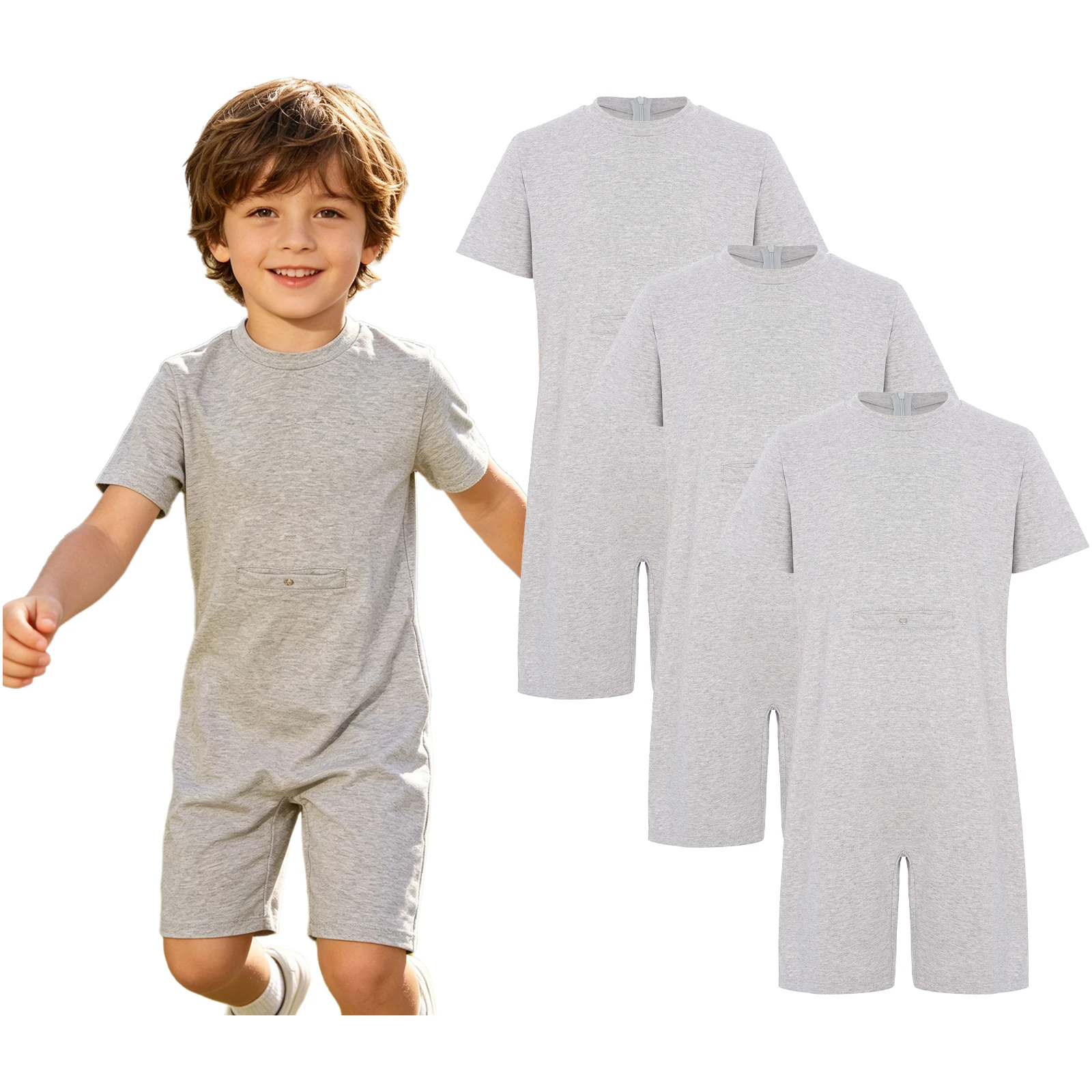 Girls Boys Special Needs Adaptive Clothing Teens Kids Round Neck Bodysuits Children's Short Sleeve Solid Color Jumpsuit 3pcs
