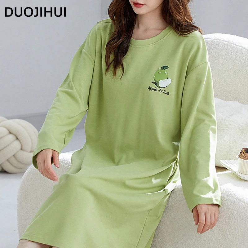 DUOJIHUI Green Autumn New Sweet Loose Female Nightgown O-neck Basic Simple Casual Solid Color Chic Bra Fashion Sleepwear Women