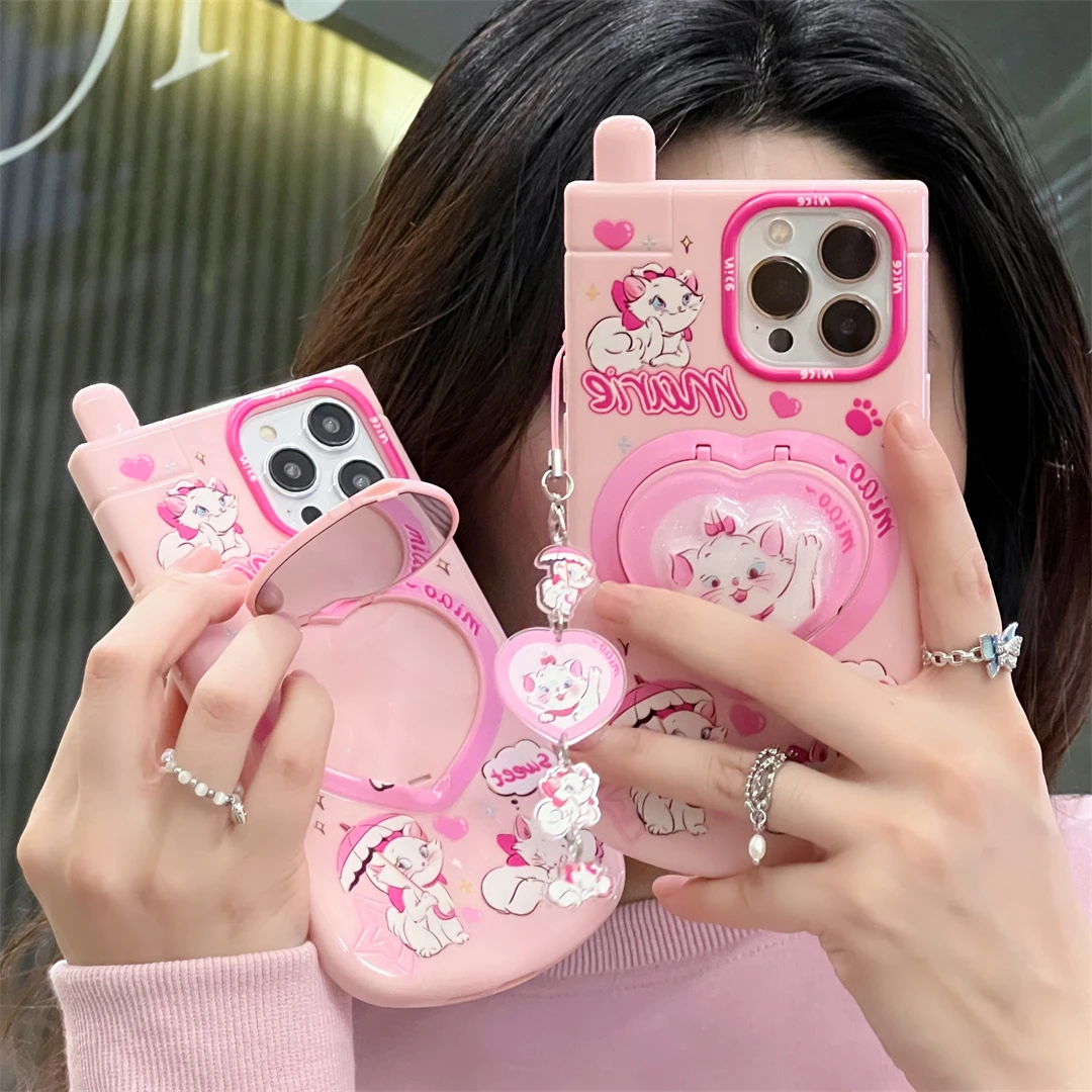 

Disneys Marie Cat pink cute makeup mirror with pendant Phone Cases For iPhone 15 14 13 12 11 Pro Max Back Cover