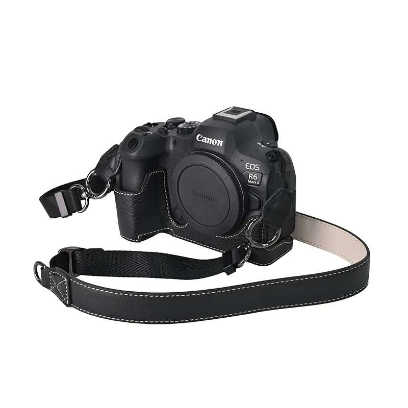 Litchi PU Leather Camera Half Body Case for Canon EOS R50V R50 R100 R8 RP R10 R5 R5II R6 R6II 200D 200DII 80D 90D Base Strap