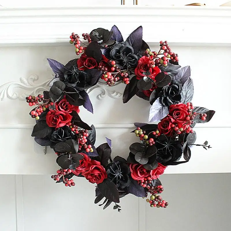 Halloween Door Wreath Spooky Artificial Garland With Rose Leaves Halloween Wreath Decorations Door Sign For Parties Supplies