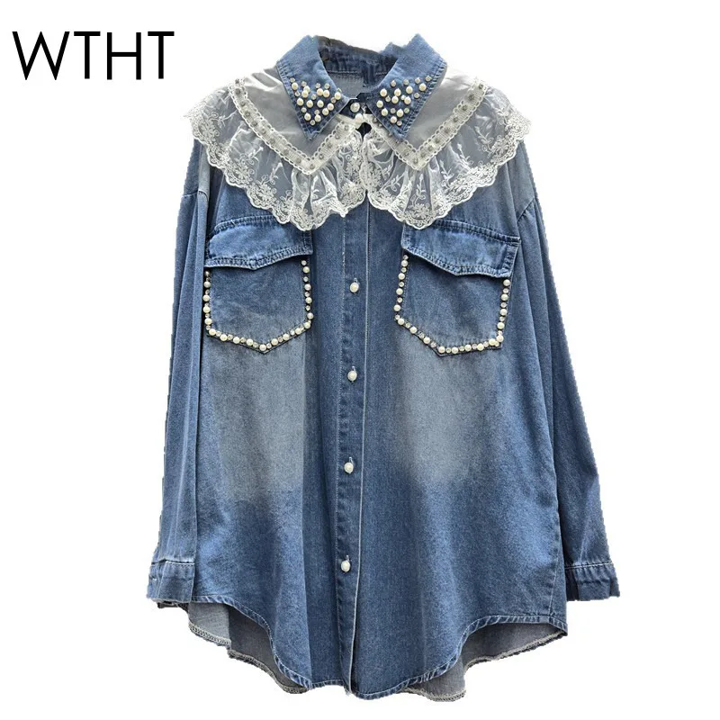 

WTHT Fashion Women's Gradient Spliced Lace Beads Design Denim Shirts Trendy Long Sleeves Loose Tops Female 2025 Summer 1LS2028