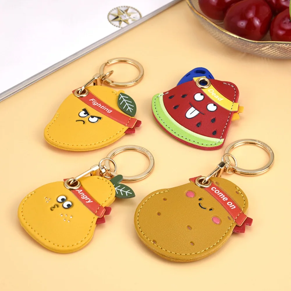 Portable With Slogan Fruit Access Card Holder Pear Fighting Cartoon Key Ring Come on Backpack Pendant Leather Key Pendant Girls