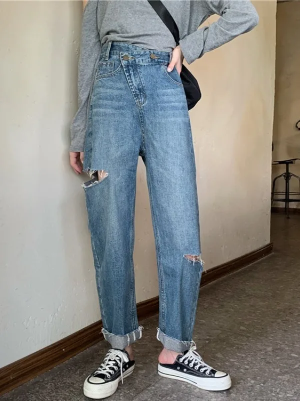 

Loose Straight Leg Jeans Women's Small Size High Waist Hole Nine Points Dad Jeans Korean Sle Autumn New Ladies Premium Denim