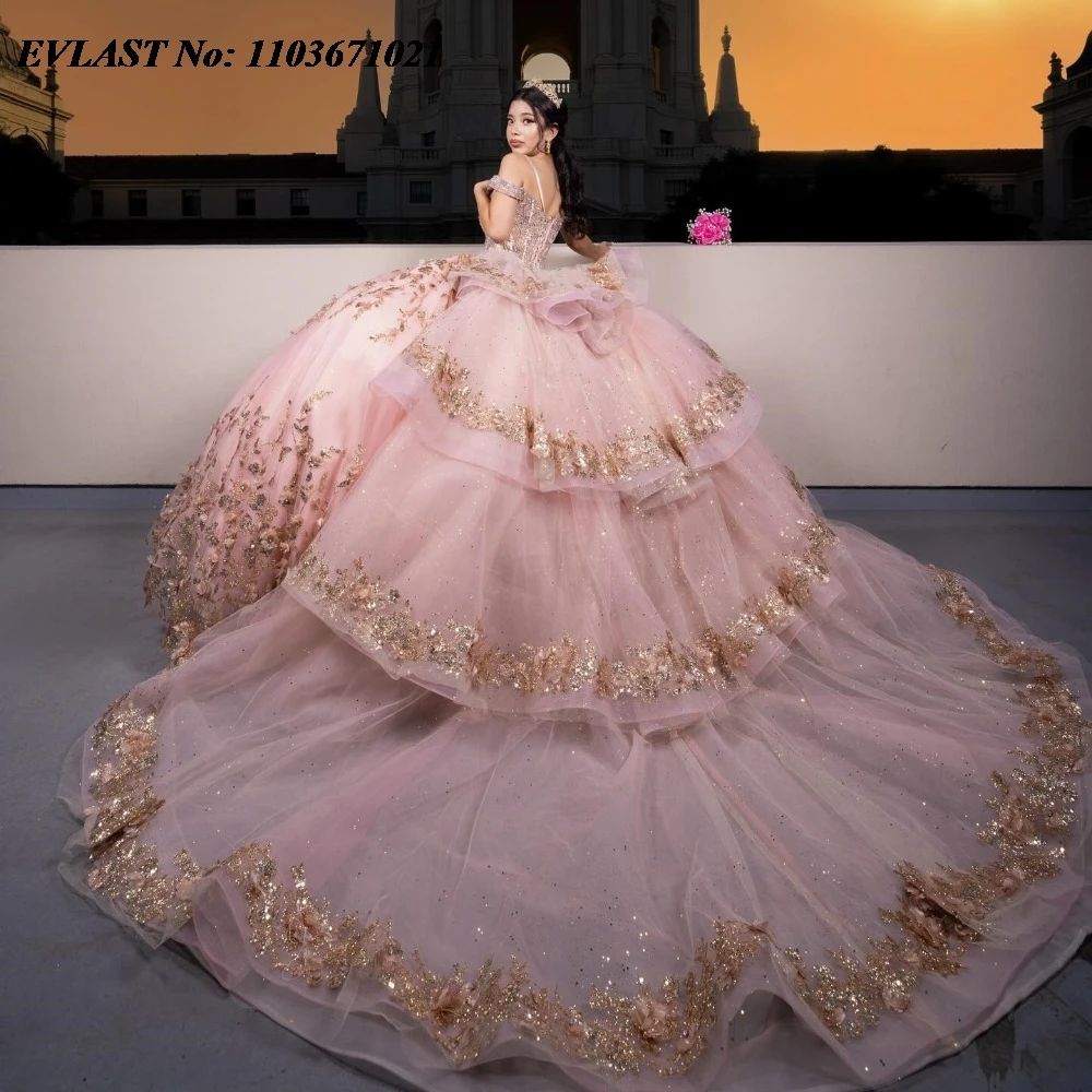 EVLAST ที่กําหนดเองสีชมพู Sequins Quinceanera Ball Gown ทองลูกไม้ Applique ประดับด้วยลูกปัดเม็กซิโกหวาน 16 Vestidos De 15 Anos SQ772