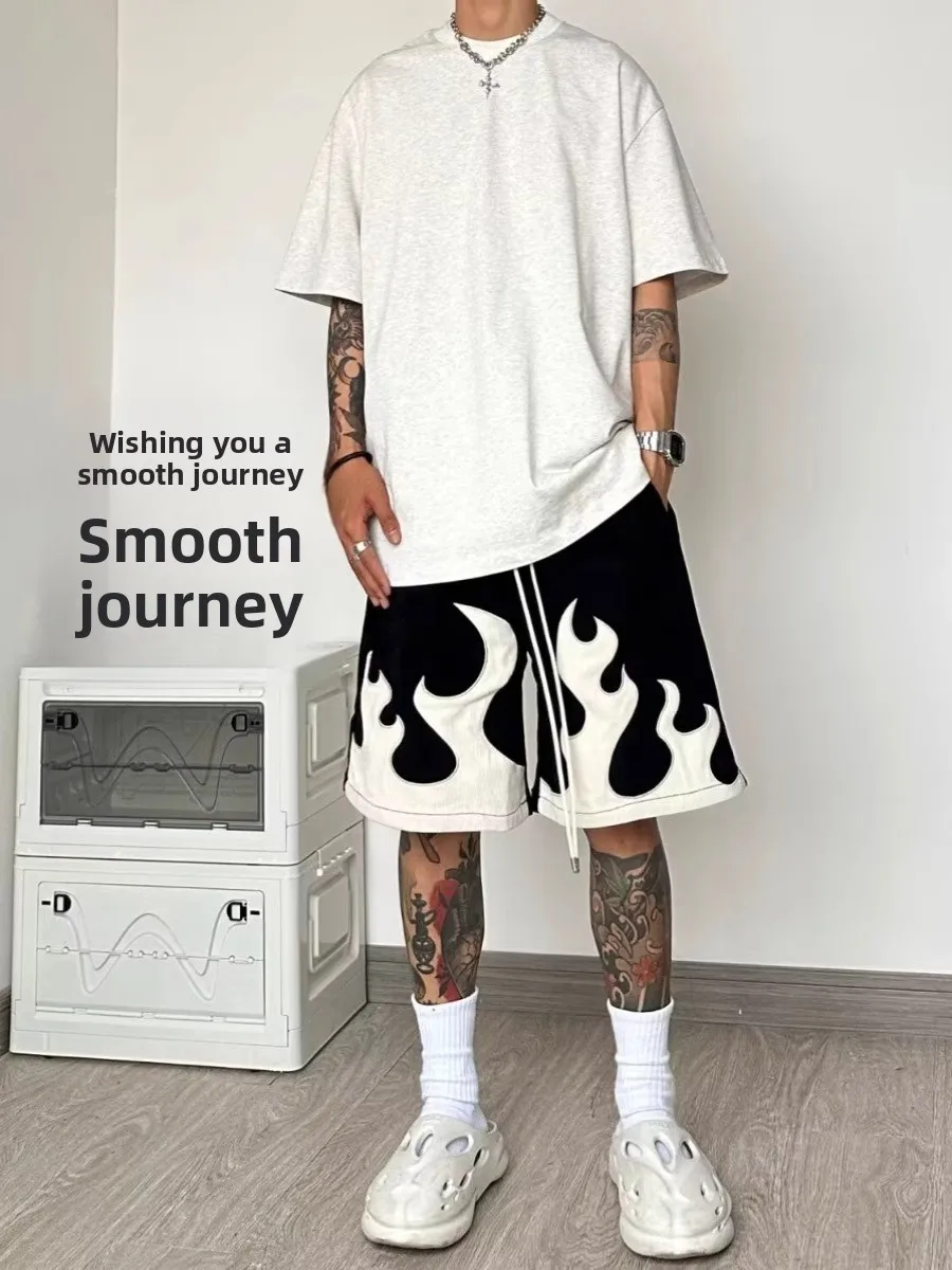 

Повседневная одежда с вышивкой в американском стиле ретро, мужская летняя модная уличная свободная спортивная длина пять четвертей, молодежная активная одежда