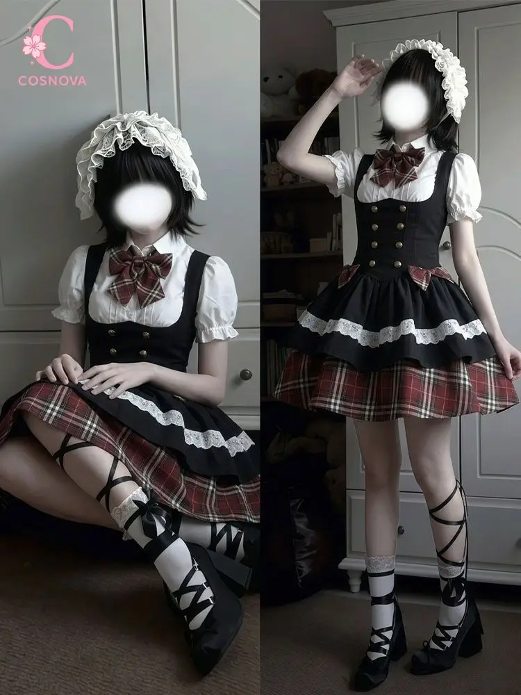 Y2K Japanese Vintage Gothic Lolita 2 Piece Set Women Puff Sleeve Blouse Bow Lace Plaid Skirt Harajuku Casual Streetwear Outfits