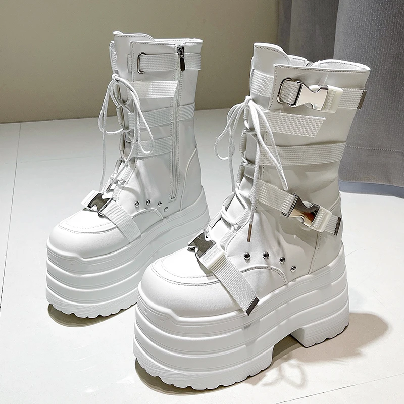 

13cm Platform Women's Boots Fashion Designer Belt Buckle Leather Ankle Boots Chunky Motorcycle Boots Party Cosplay Women's Shoes