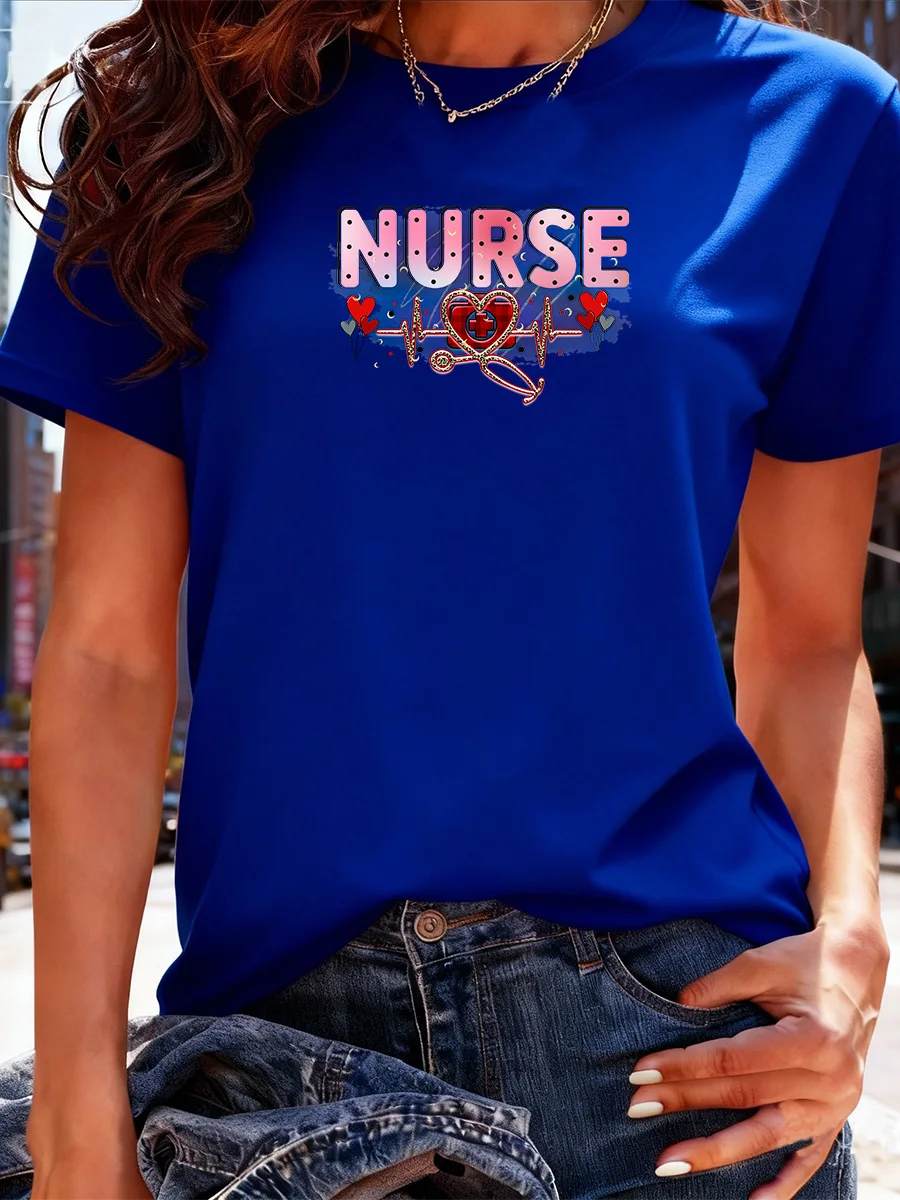 女性用ブラック半袖ナースマジカルハートビート聴診器プリントTシャツ