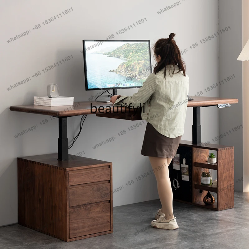 

Nordic solid wood electric lifting desk black walnut computer desk log study table