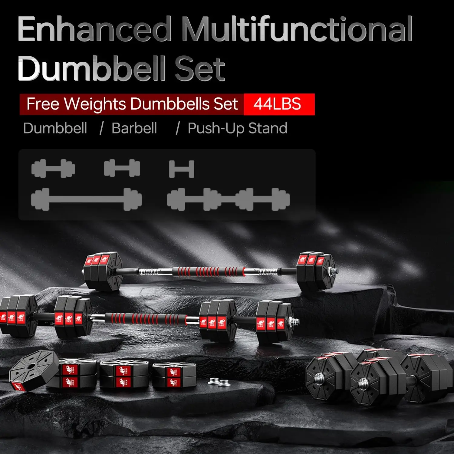 Adjustable Weights Dumbbells Set, 44/ 66/ 88Lbs 3 in 1 Barbell Set, Home Fitness Weight Set Gym Workout Strength Training