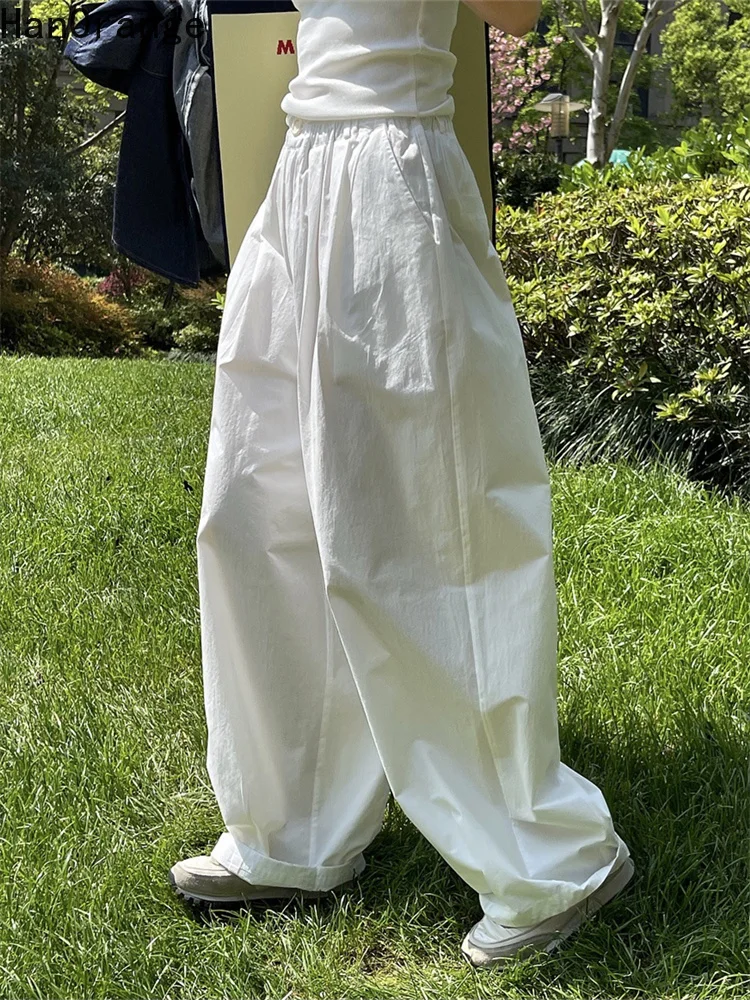 HanOrange 2026 Letnia Moda Proste Spodnie z Wysokim Stanem i Szerokimi Nogawkami Damskie Luźne Cienkie Casualowe Spodnie o Swobodnym Kroju Damskie Vintage