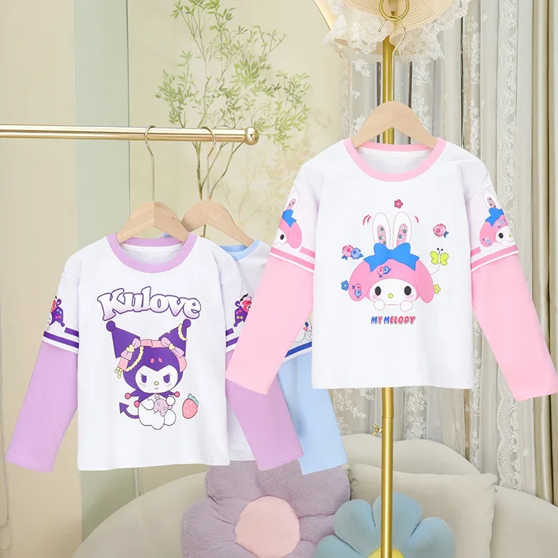 Musim semi musim gugur Cinnamoroll Kuromi Anime Kawaii rekreasi bayi lengan panjang T Shirt lucu My Melody dasar berkerudung pakaian hadiah mainan