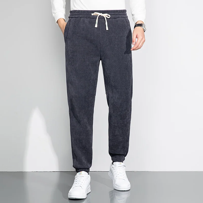 Men's Fleece-Lined Corduroy Casual Pants Easy-care Anti-pilling Fabric Trousers Black Black Gray Elastic Cuffs Adjustable Waist