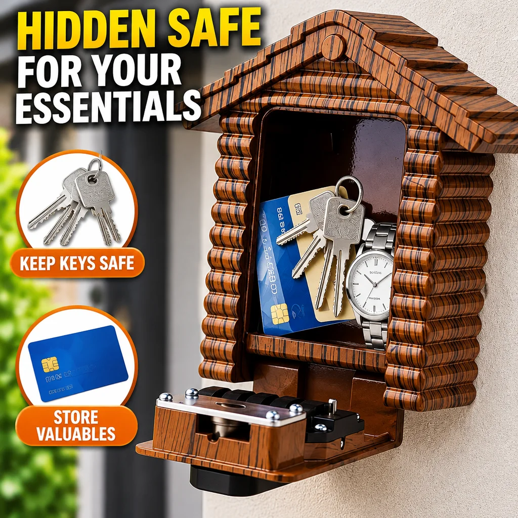 Wood Grain Outdoor Key Lock Box, Wall-Mounted 4-Digit Combination Lockbox for Keys, Medication, Phone & Thermostat,with 3 Keys