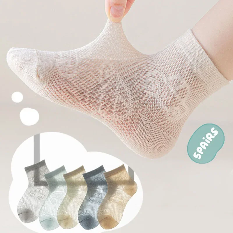 5 Pairs/Set Children Socks Summer Thin Breathable Mesh Socks For Boys Kids Cartoon Car Casual Mid Tube Socks