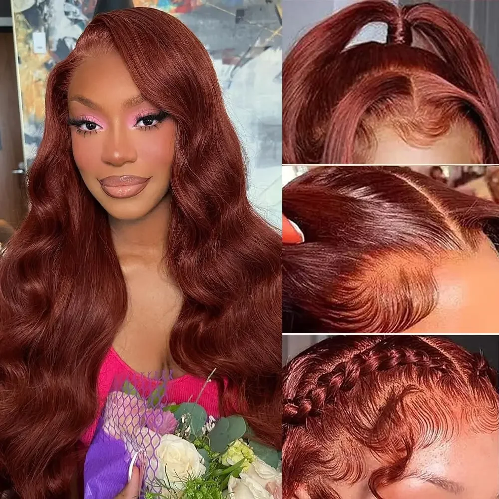 Reddish Brown Body Wave Lace Front Wigs Pre Plucked 180 Density  Auburn Colored Lace Front Wig Synthetic Glueless Wigs For Women