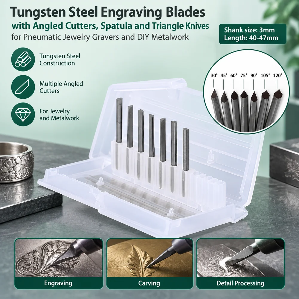 Tungsten Steel Engraving Blades with Angled Cutters, Spatula and Triangle Knives for Pneumatic Jewelry Gravers and DIY Metalwork