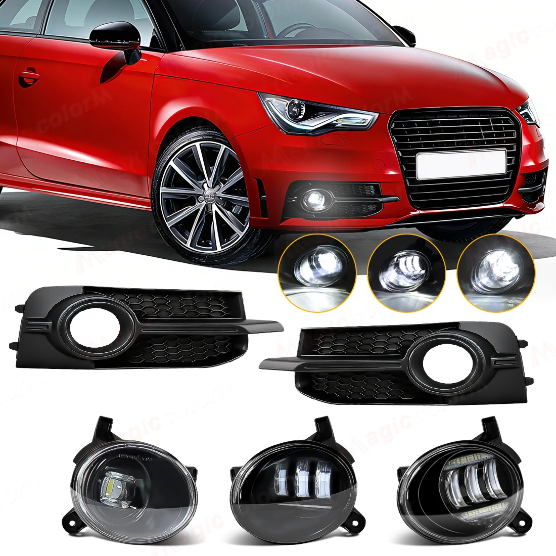 

Светодиодная противотуманная фара для Audi A1 8X S-Line 2010-2014, комплект противотуманных фар, рамка противотуманной фары, решетка радиатора Honeycomb Racing, 8X0807681B, 8X0807682B