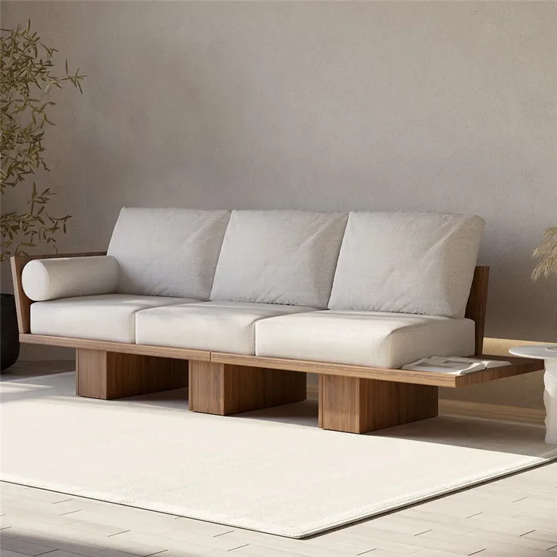 Japanese log sofa wabi-sabi wind small apartment living room solid wood sofa minimalist homestay
