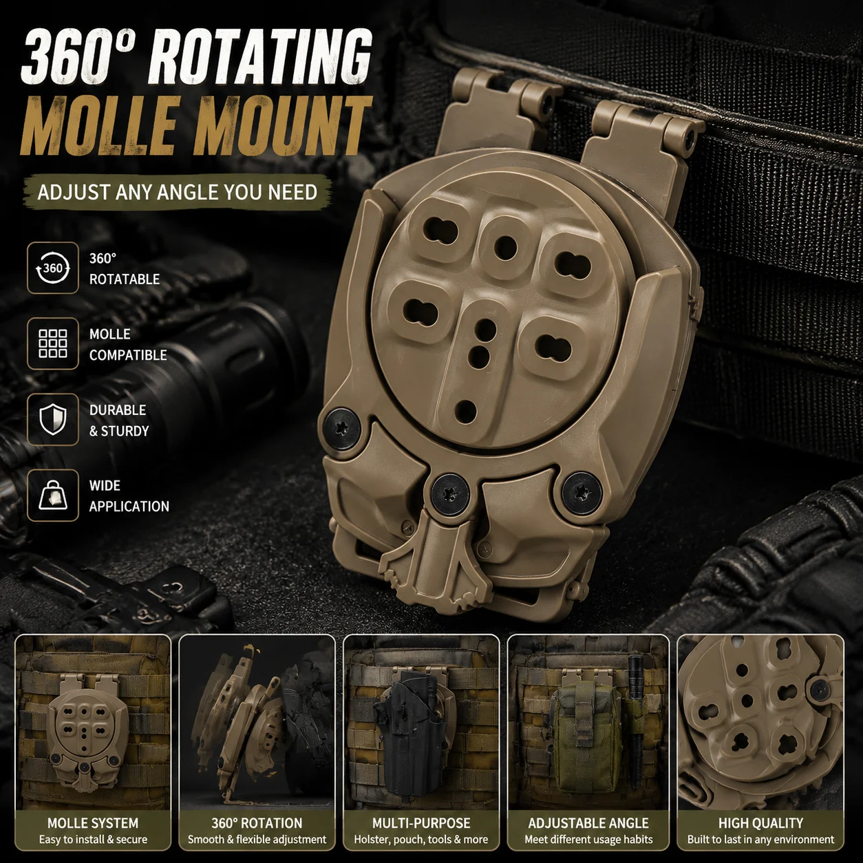 360度回転可能なmolleアダプターマウントタクティカルギアベルトアタッチメントブラケット、ベスト、ウエストベルト、アウトドア用品用