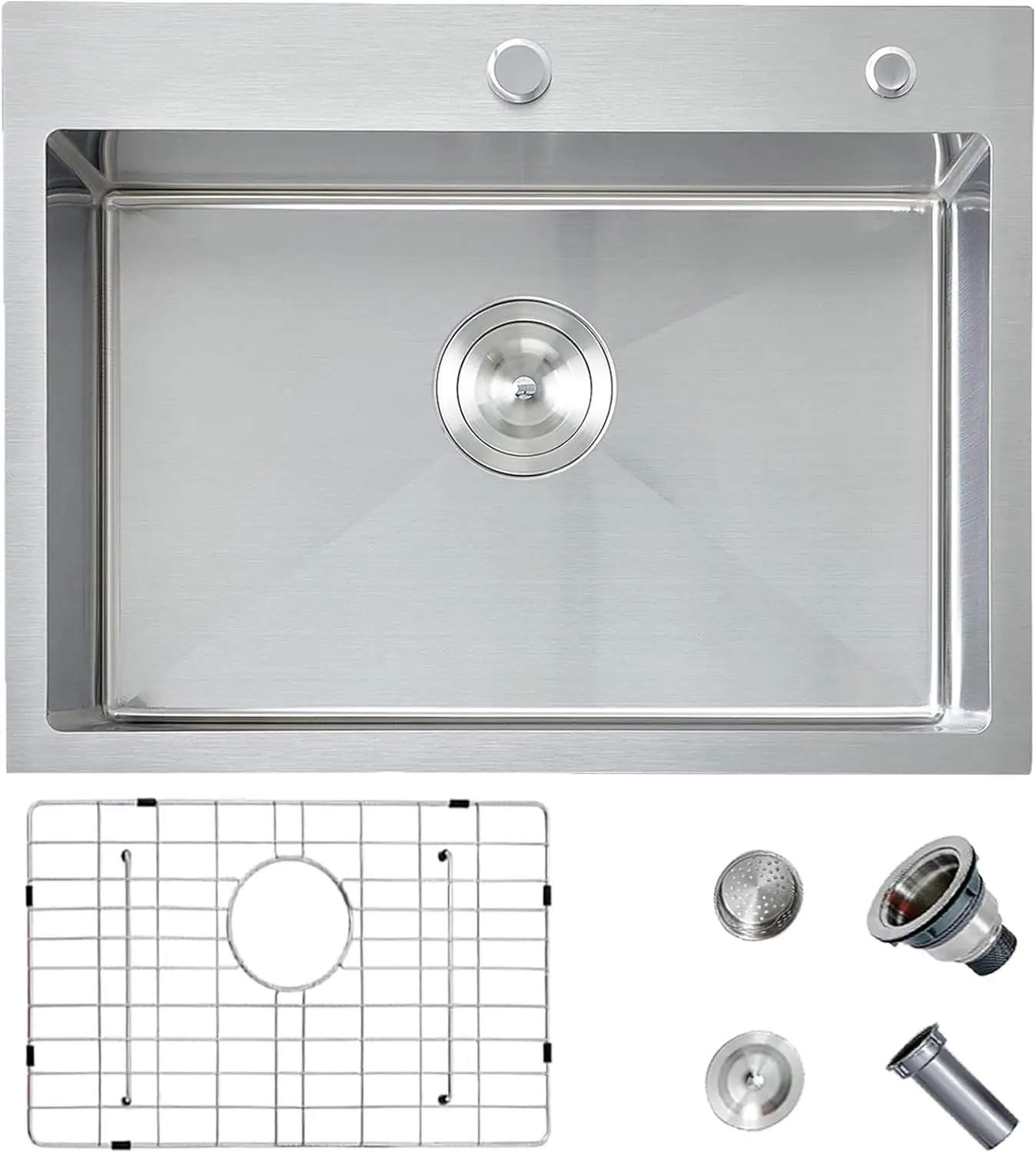 

24x18 Inch Stainless Steel Kitchen Sink, 16 Gauge Brushed Nickel Single Bowl with Dish Grid & Drain