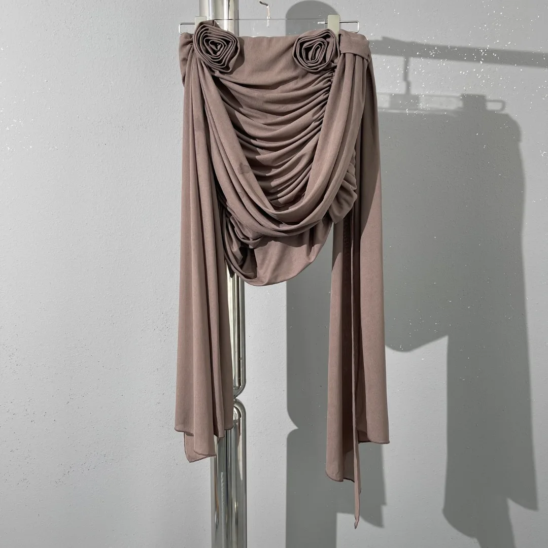 High-quality women's hip-hugging mini skirt featuring floral ruching and ribbon ties—2026 summer new arrival on sale.
