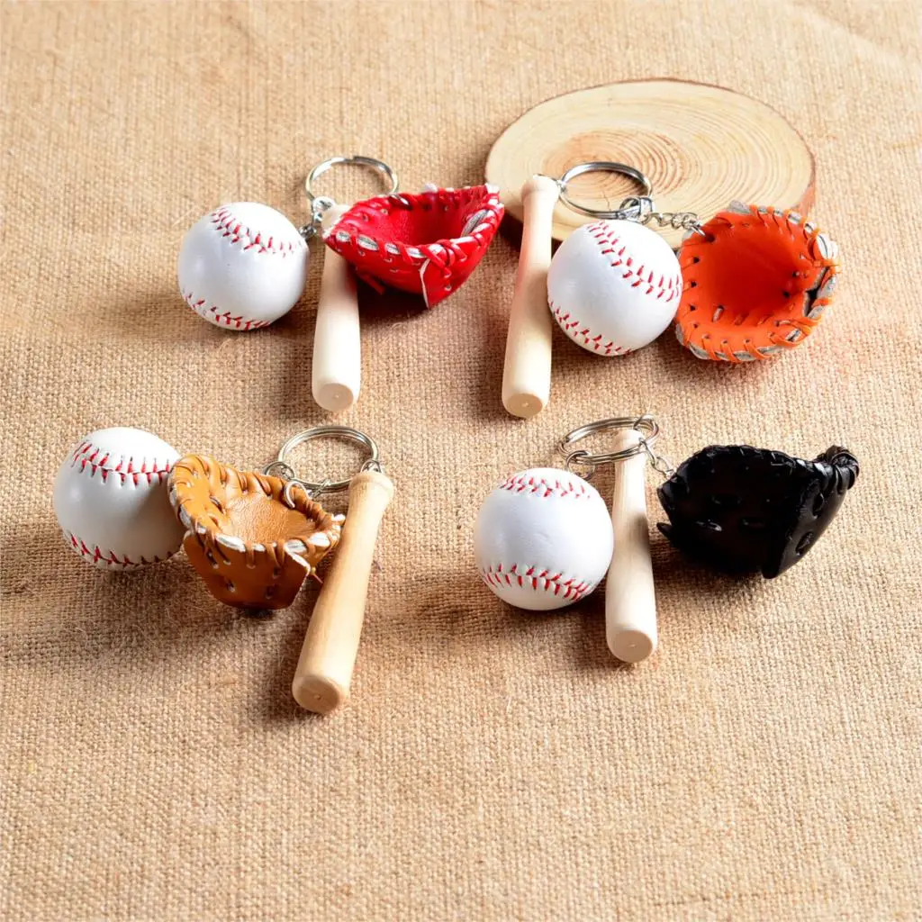 Mini Three-piece Baseball glove wooden bat keychain sports Car Key Chain Key Ring Gift For Man Women wholesale 1-17168 view 2