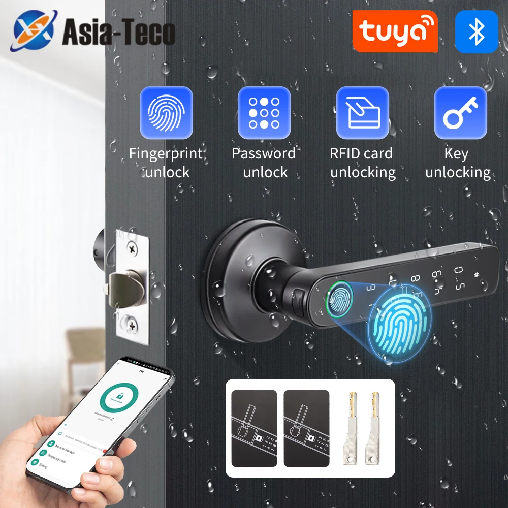 Tuya SmartLife APP BLE Smart Fingerprint Lock Password RFID IC Card Lock Handle Dead Bolt Home Wooden Metal Door Handle Latch