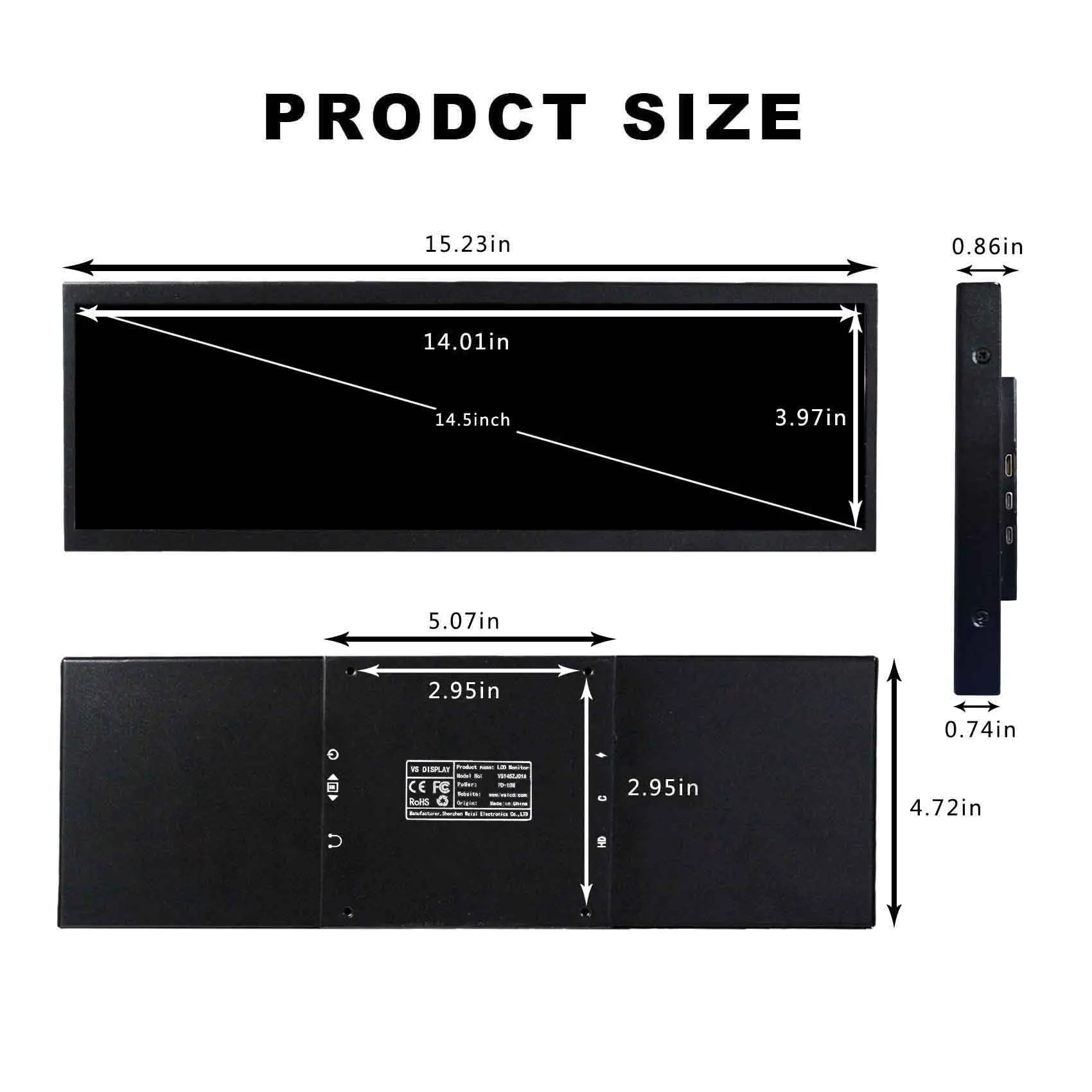 Ultra Wide Monitor 14.5 inch 2560x720 USB C HD MI LCD Monitor 3X120mm Fan CPU GPU PC Case Monitor