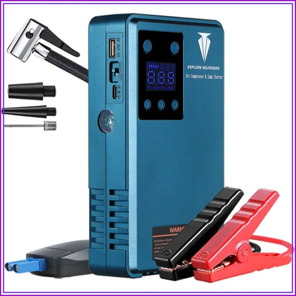Jump Starter with Air Compressor Battery Booster Power Pack, Portable Electric Car Tire Inflator, Digital Tyre Inflator Air Compressor, Auto-Stop Portable Car Tyre Pump