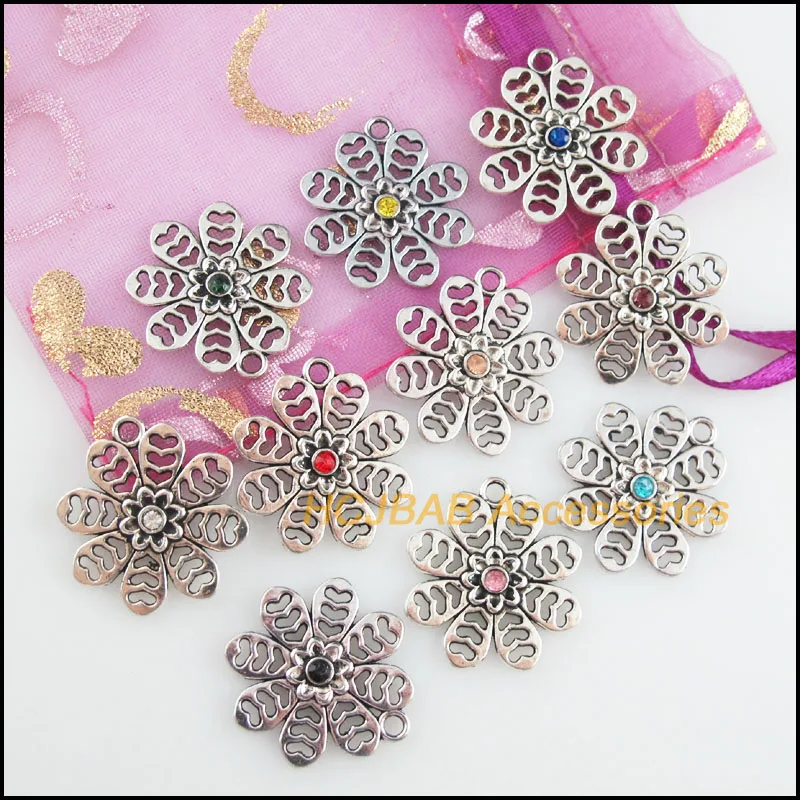 Fashion 20Pcs Tibetan Silver Plated Retro Snowflake Mixed Crystal Charms Pendants 21x23mm