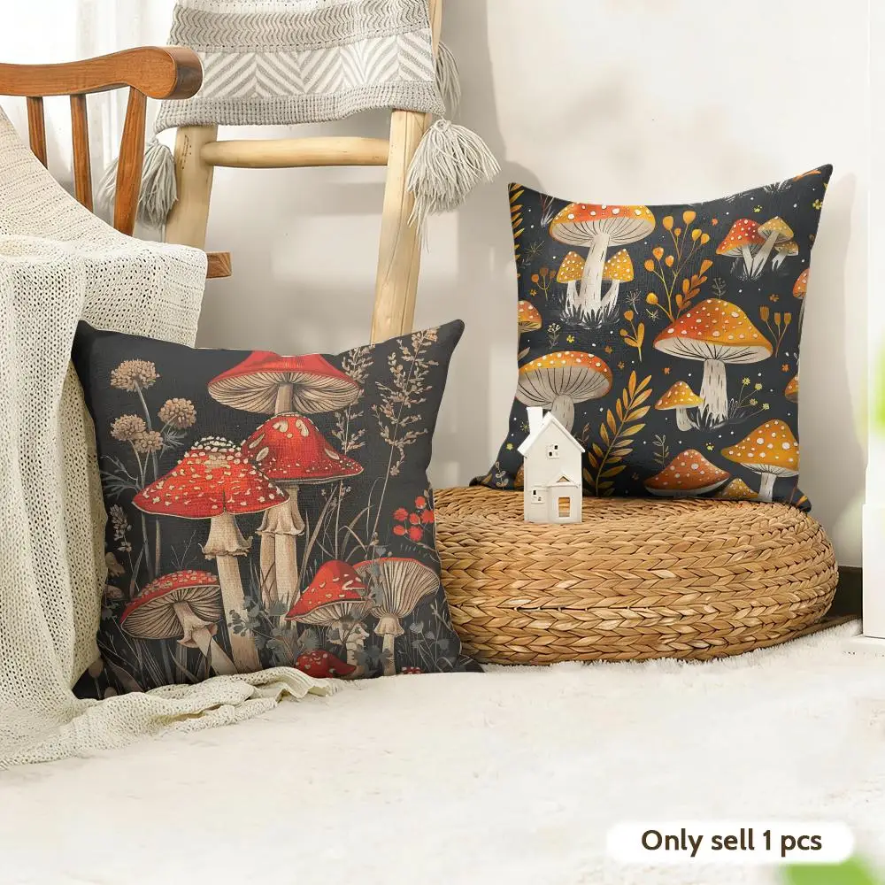 Mushroom illustrations Cushion Cover Natural Linen Pillow Cover Double-Sided Print Cushion Cover for Sofa Home Decor