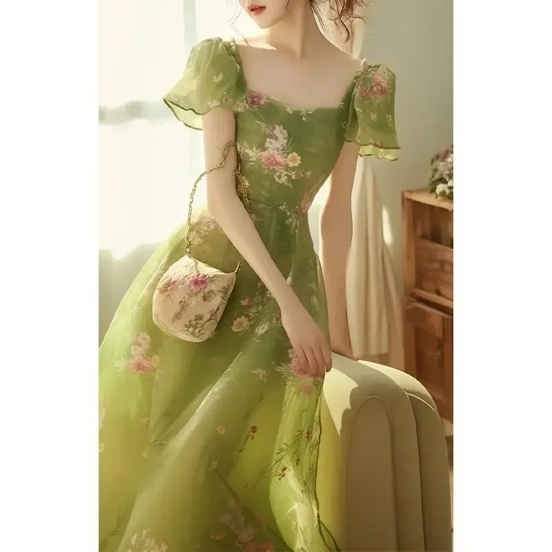 Korejepo French Temperament Super Fairy Chiffon Dress Lazy Vacation Style High End Green Floral Dresses Children Summer Vestido