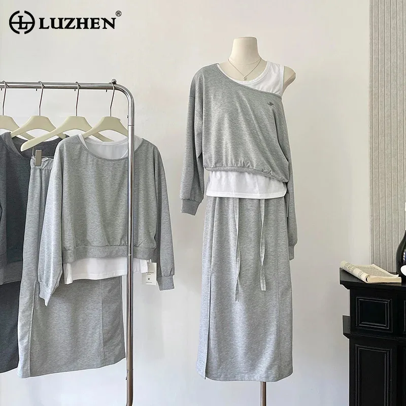 LUZHEN Fashion Casual Solid Color Camisole Loose Long Sleeve Sweatshirt Women's 2024 New Straight Skirt Three-piece Sets AA1588