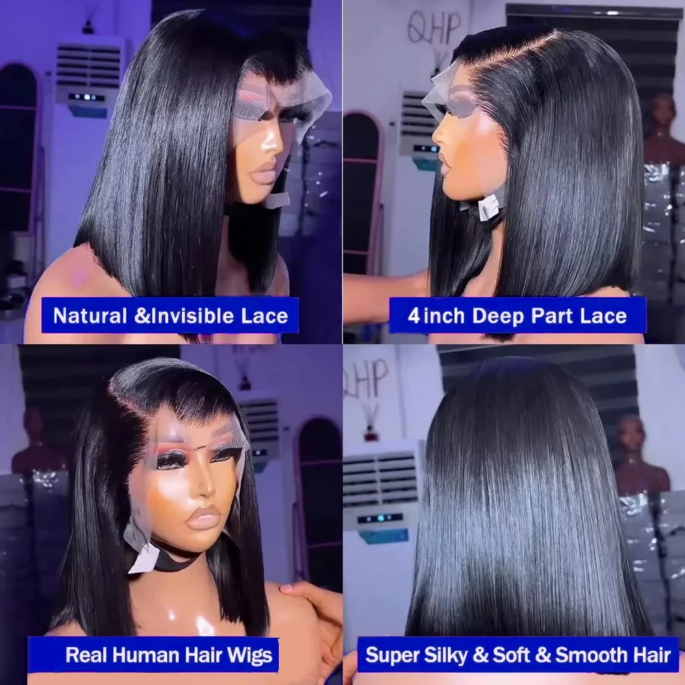 13x6 HD Lace Frontal Short Bob Wig Bone Straight Lace Front Wig Double Drawn Human Hair Wigs Preplucked Real 250 Density Natural Hairline Human Hair Wig 3 Days Delivery image 6