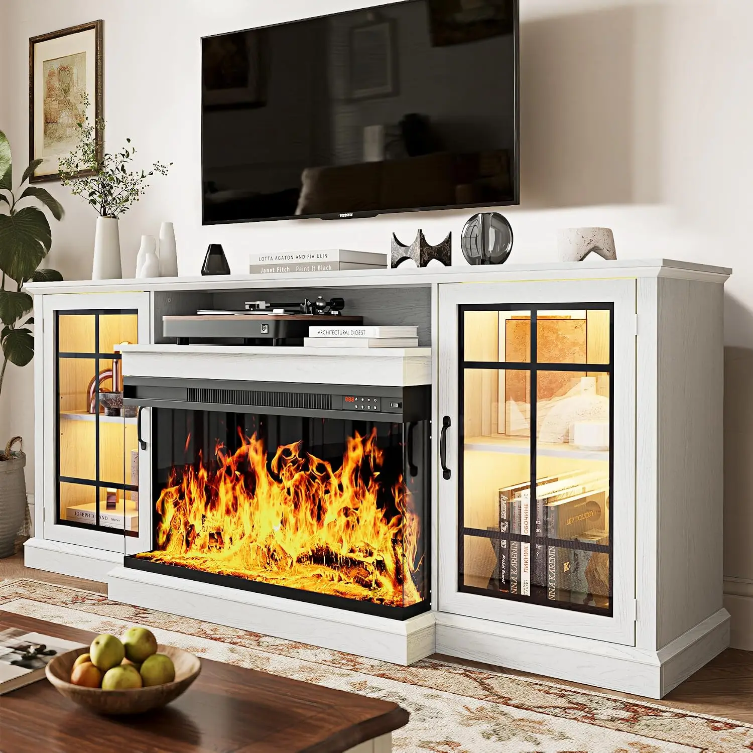 70'' Fireplace TV Stand, Farmhouse Entertainment Center with 3 Sided Glass TV Stand, Modern Media Console Table, Customized