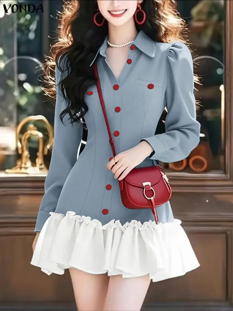 

VONDA Elegant Ruffled Mini Dresses Women Long Sleeve Shirt Vestidos 2025 Autumn Lapel Patchwork Casual Elegant Short Sundress