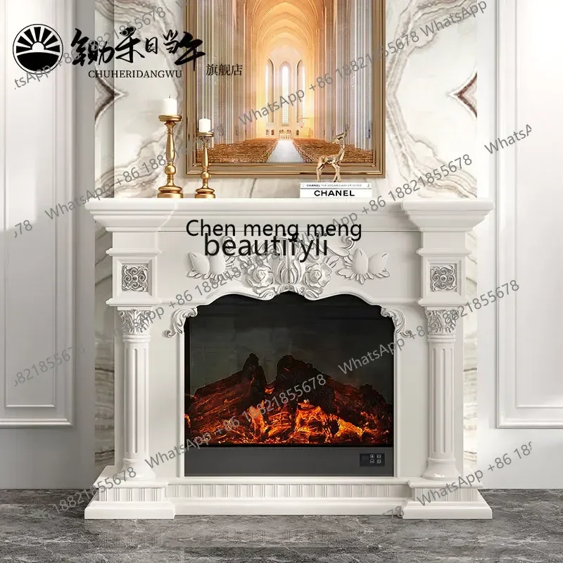 European Style Fireplace Curio Cabinet Simulation Flame Living Room White Fireplace TV Bench for Bedroom Fireplace Mantel