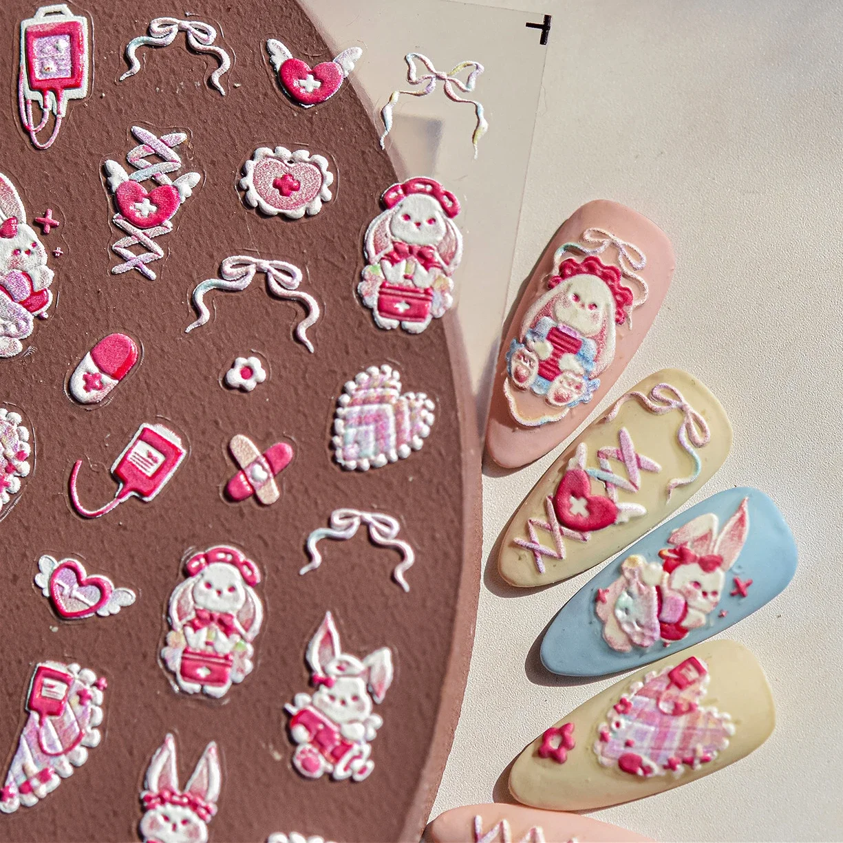 Bunny Love Heart Rabbit Nurse Cut Wound Bowknot Pill Flower Medicine Treatment Self Adhesive Nail Art Stickers Manicure Decals