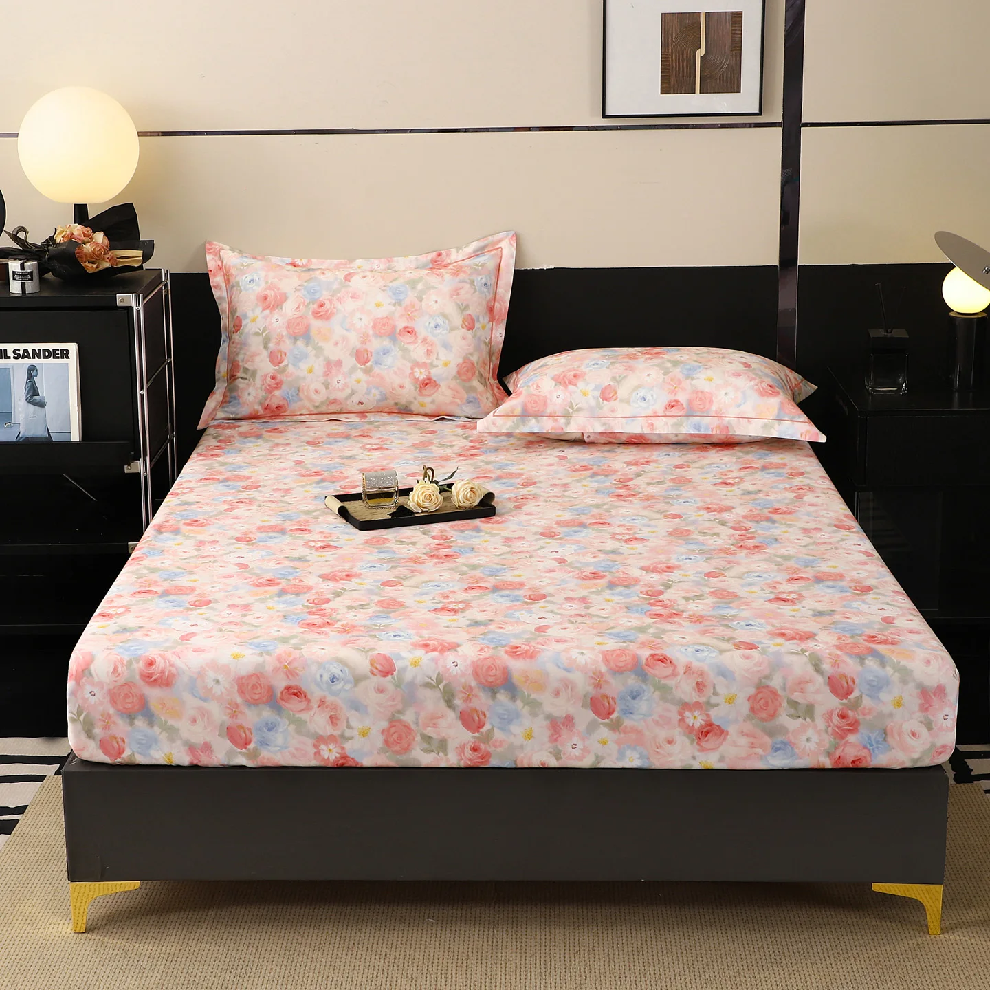100%Cotton Brushed Bed Sheet with Elastic Single/Queen/King Size Cotton Flower Printed Fitted Bed Sheets sabanas matrimoniales