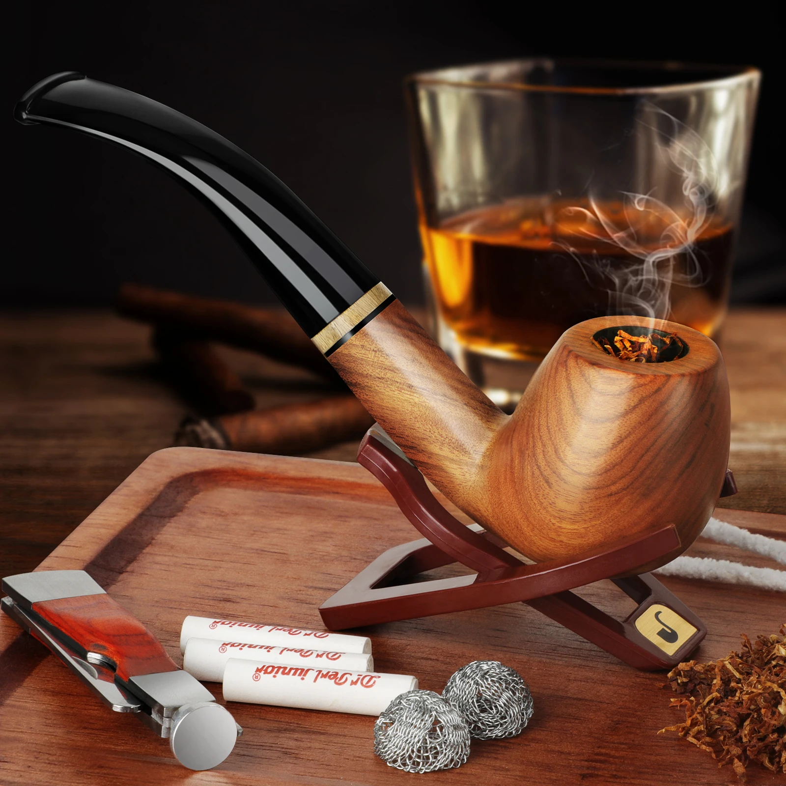 Scotte Tobacco Pipe Set Handmade Wooden Smoking Pipe with Accessories and Gift Box