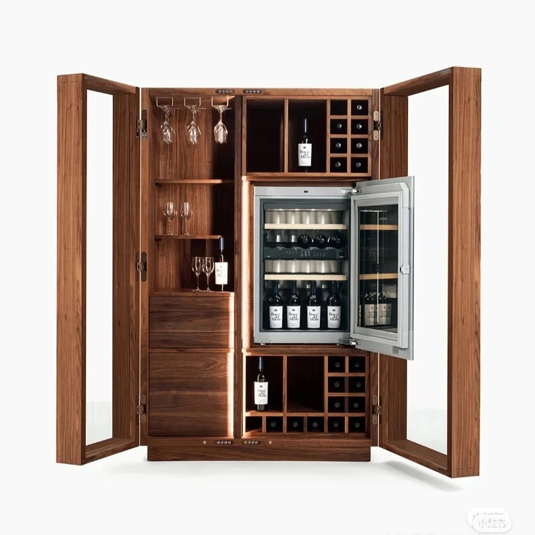 Walnut Solid Wood With Lighting Europe style Modern Wine Bar Cabinet with glass door