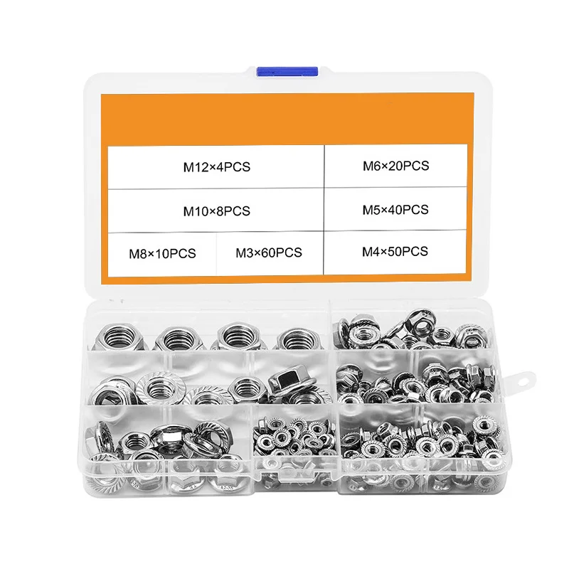192pcs M3 M4 M5 M6 M8 M10 M12 304 Stainless Steel Hex Hexagon Flange Nuts Serrated Spinlock Nut Lock Nut Assortment Kit