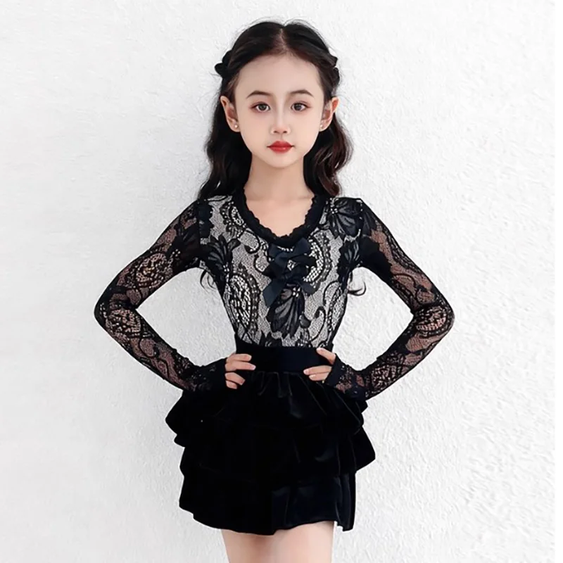 Adult Women Lace Print Latin Dance Bodysuit and Cake Skirts Professional National Standard Social Rumba Dancewear Costumes
