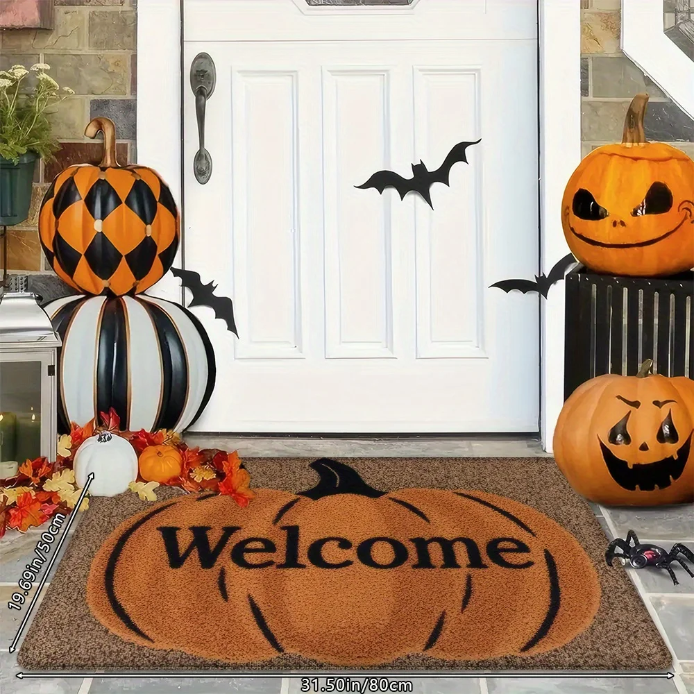 VIKAMA Halloween Pumpkin Bat Spider Web Pattern Floor Mat لمدخل المدخل، سجادة أرضية الخريف للديكور المنزلي