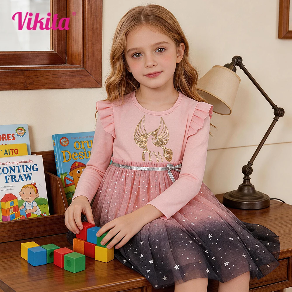 VIKITA Girls Pink Long Sleeve Dress for Autumn Spring Kids Gradient Ombre Star Sequins Starry Princess Party Casual Vestidos