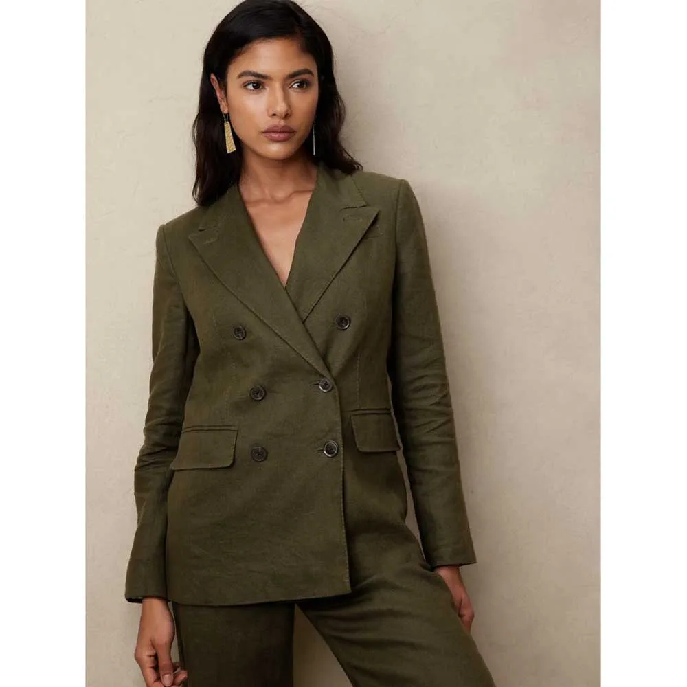 Elegant Green Suits for Women Double Breasted 2 Piece Jacket Pants Female Clothing Slim Fit Formal Office Lady Blazer Sets