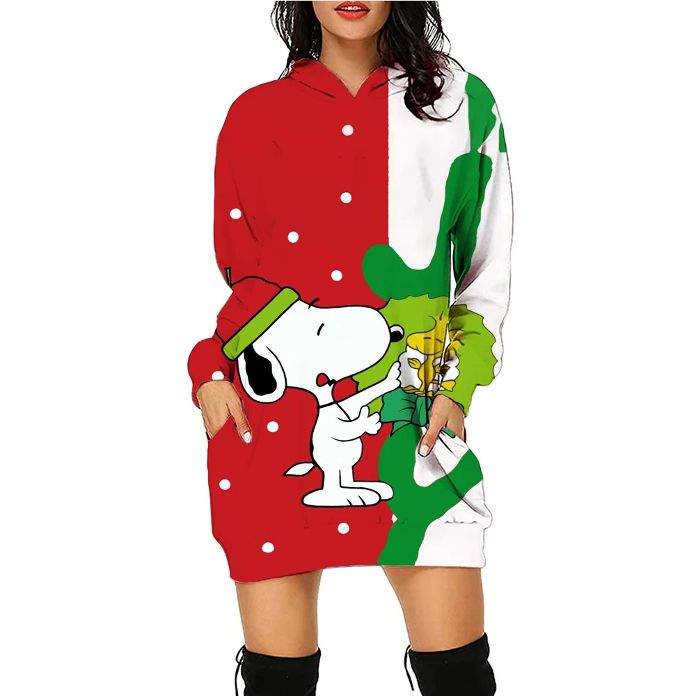 Christmas Casual Long Sleeve Dress Autumn Winter Women\'s Snoopy Print Disney Simple Comfortable Hooded Sweatshirt