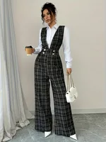 Women High Waist Wide Leg Plaid Tweed Jumpsuit Vest Style Double Breasted Pearl Buttons Pockets Elegant Office Formal Wear - Image 4